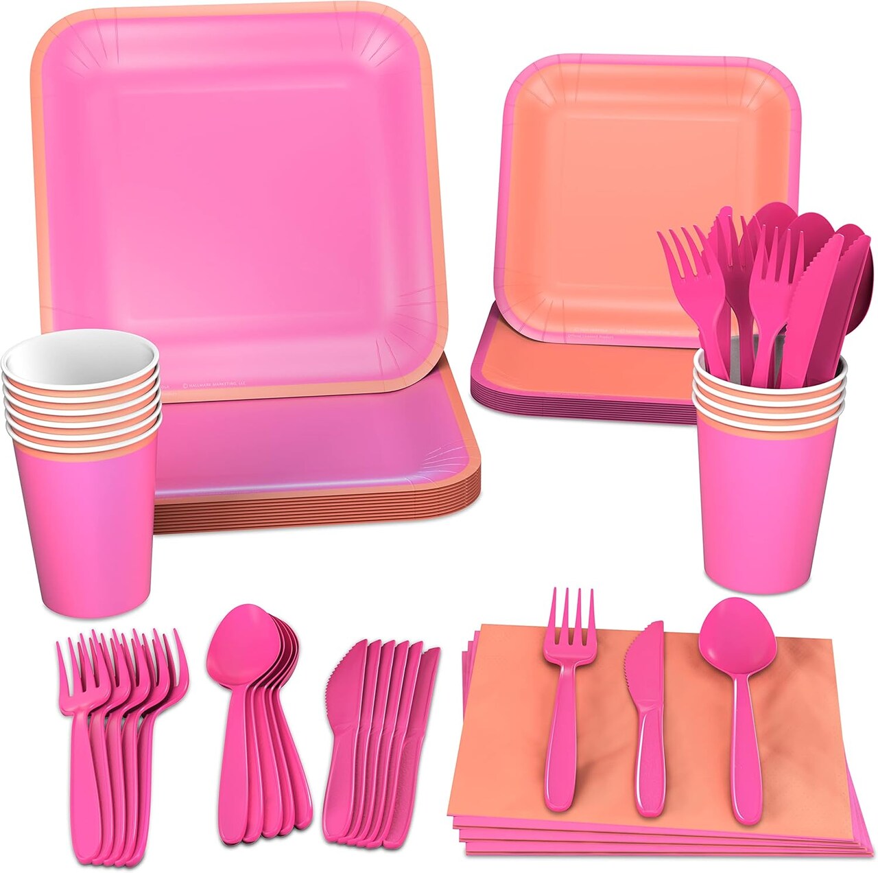 12 Dinner Plates, 12 Dessert Plates, 12 Paper Cups, 24 Napkins, 12 Sets of Plastic Cutlery